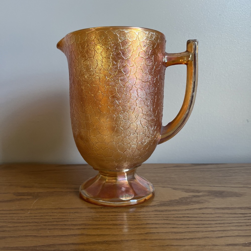 Vintage Jeannette Iridescent Crackle Marigold Carnival Glass Pitcher 8"